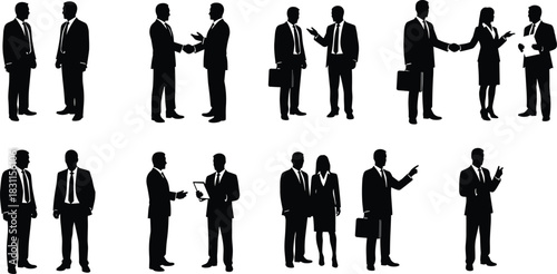 Business interaction silhouettes, corporate teamwork, leadership communication, office negotiation, partnership collaboration, professional career success illustration