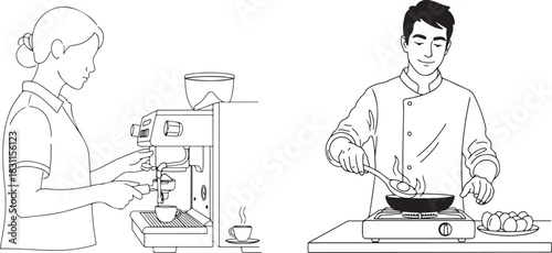 Black and White Line Art Illustration of Coffee Preparation and Cooking