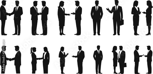 Business interaction silhouettes, corporate teamwork, leadership communication, office negotiation, partnership collaboration, professional career success illustration