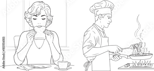 Outline Illustration of Woman Eating Toast and Chef Frying Bacon