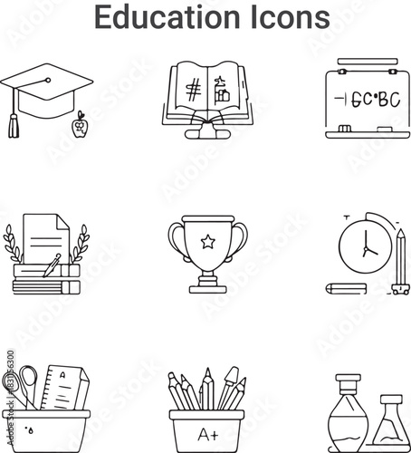 E-learning icon set. Online Education related line icons: e-book, training, distance learning, online learning, webinar, knowledge, study, school
