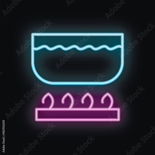 Neon glowing symbol of cooking pot with boiling water on stove on black background