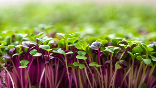 Tiny shoots of microgreens display rich colors in a sunny garden. These healthy herbs boast vibrant greens and purples, packed with vitamins and nutrients for a fresh diet