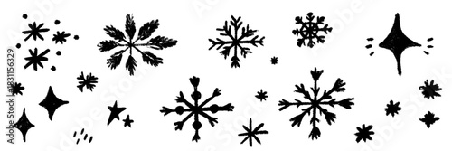 Textured snowflake art with crayon lines and chalk strokes, capturing soft snow vibes. A grunge Christmas illustration where each snowflake feels hand-drawn in crayon and chalk snow textures.