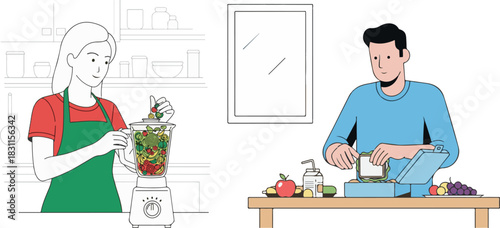 Modern Line Art Illustration of Healthy Food Preparation with Flat Colors