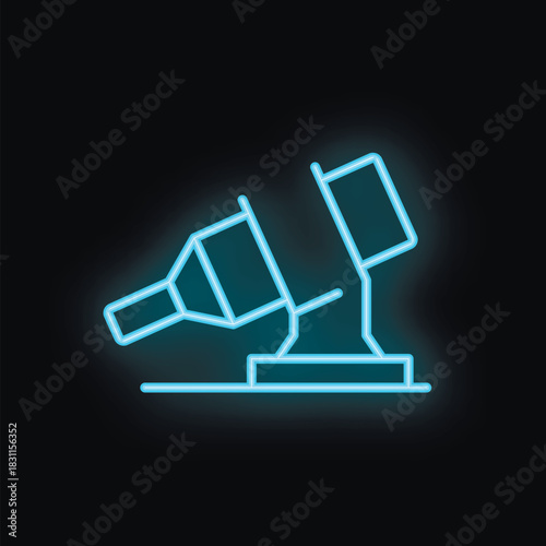 Blue neon icon of a concrete mixer working on a construction site