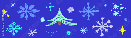 Artistic Christmas snowflake elements drawn with crayon strokes and chalk accents. Snowy swirls frame each snowflake, creating a crayon meets chalk snow aesthetic.