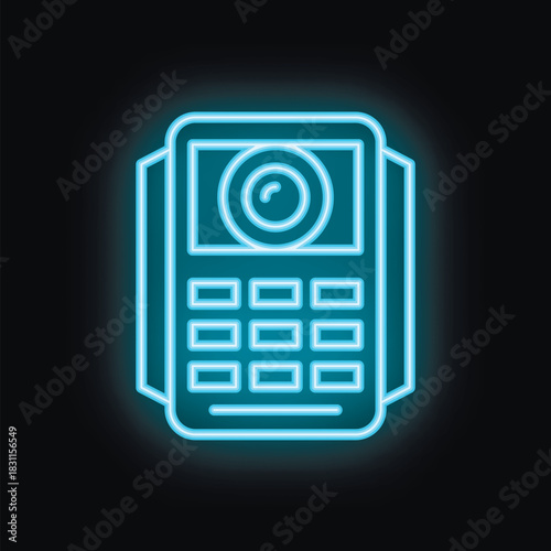 Blue glowing neon icon of a mobile payment terminal for credit cards with nfc chip and camera