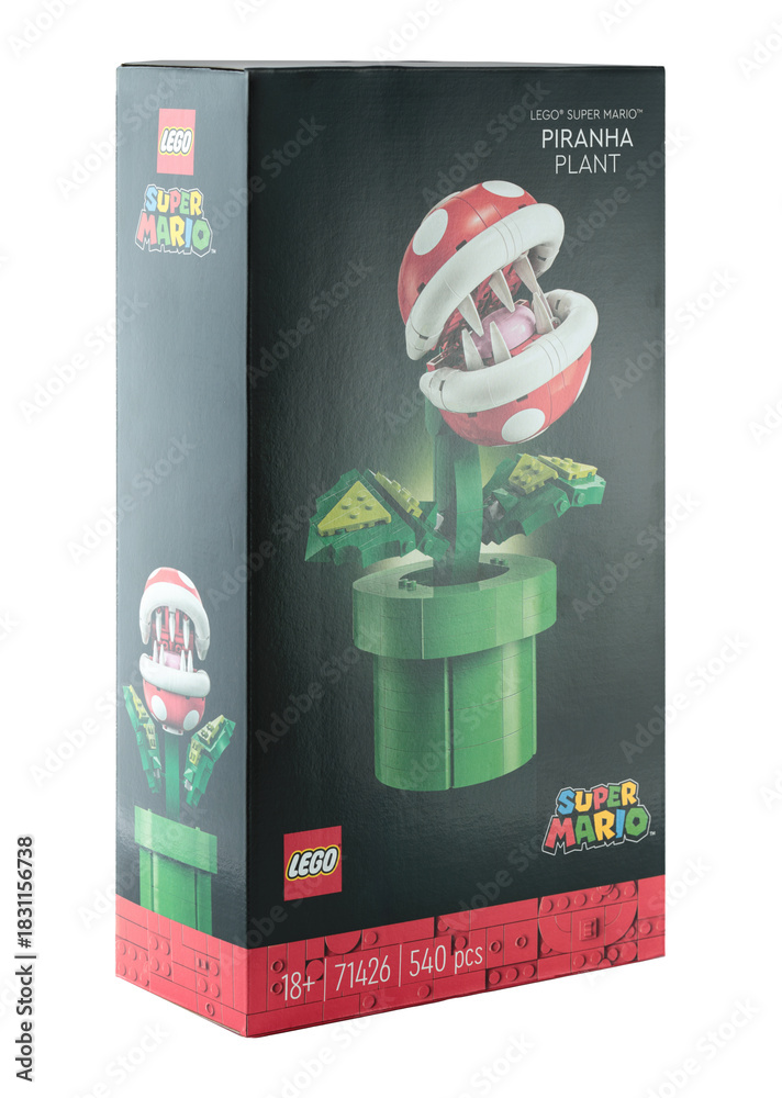 Naklejka premium Pack of a Lego construction created in collaboration with Nintendo, featuring a buildable Piranha Plant figure from Super Mario video game, isolated on transparent background