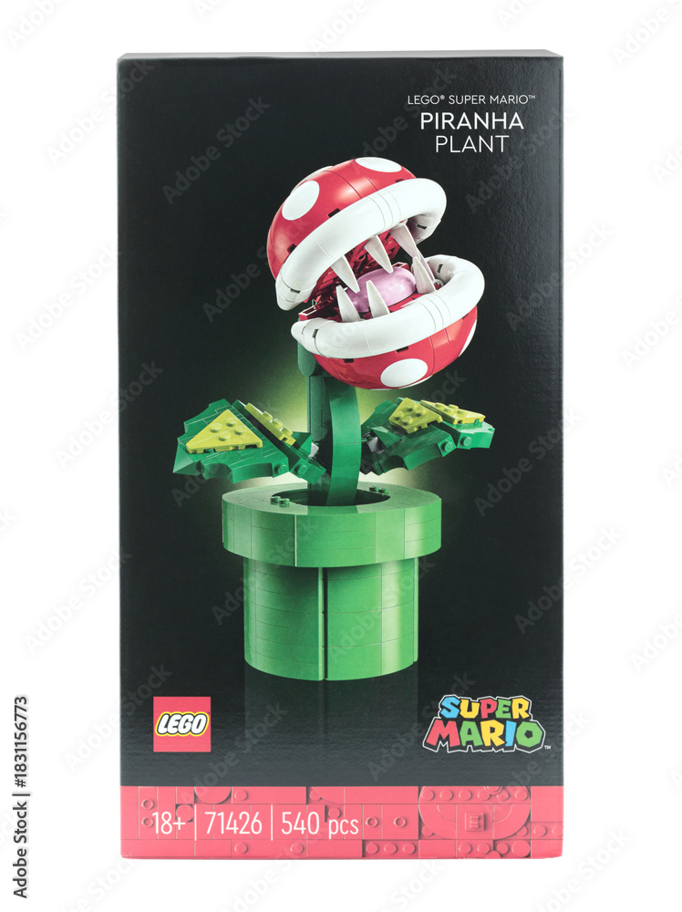Naklejka premium Pack of a Lego construction created in collaboration with Nintendo, featuring a buildable Piranha Plant figure from Super Mario video game, isolated on transparent background