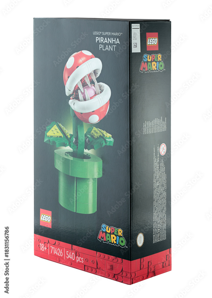 Naklejka premium Pack of a Lego construction created in collaboration with Nintendo, featuring a buildable Piranha Plant figure from Super Mario video game, isolated on transparent background