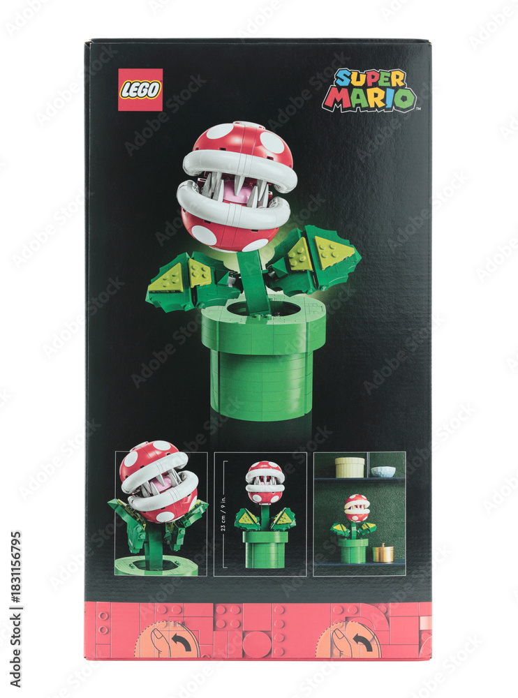 Fototapeta premium Pack of a Lego construction created in collaboration with Nintendo, featuring a buildable Piranha Plant figure from Super Mario video game, isolated on transparent background