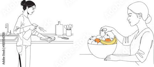 Monochrome Line Art Vector Illustration of Women in Daily Home Life