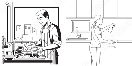 Monochromatic Vector Line Art of Domestic Chores in a Modern Kitchen