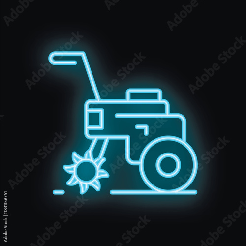 Blue neon icon of a cultivator working the land, perfect for representing gardening activities