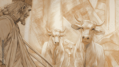 Joseph interpreting Pharaoh’s dream, grain and lean cattle sketched on scrolls, palace light shafts, with copy space