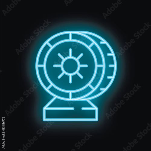 Neon icon of casino roulette wheel spinning and glowing on dark background