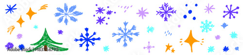 Hand made Christmas snowflake icons blending crayon strokes and chalk shading. Snow accents complete each snowflake, merging crayon detail with chalk styled snow softness.
