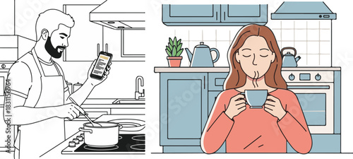 Line Art and Flat Color Kitchen Illustrations of Daily Activities