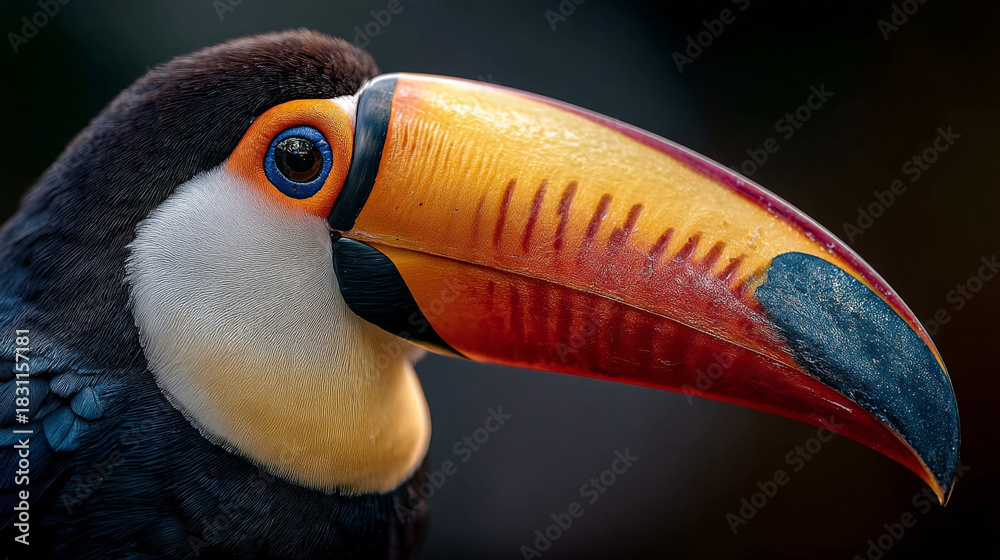 Fototapeta premium Close up of a toucan bird with a large colorful beak and bright blue eye on a dark background