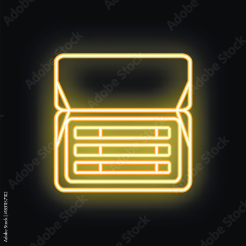 Bright yellow neon icon of an open lunchbox glowing against a black background