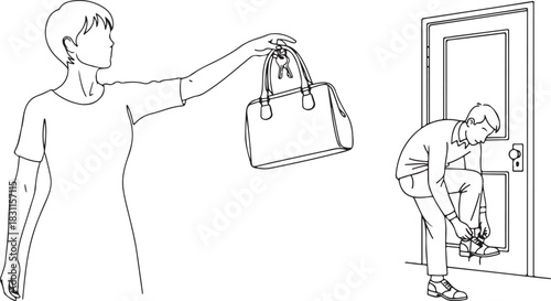 Simple Outline Drawing of Woman Holding Bag and Man Tying Shoe