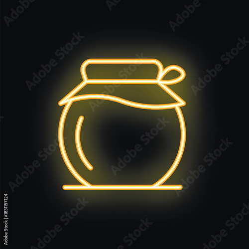 Bright yellow neon sign depicting a jar of jam with lid on black background