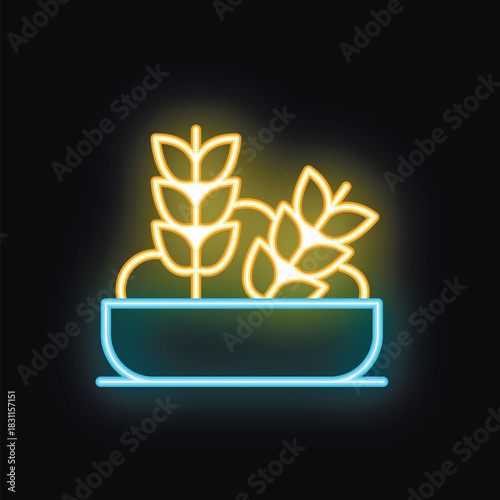 Neon sign illustrating wheat growing in a bowl, representing agriculture and food production