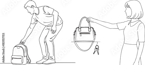 Outline Vector Drawing of Man with Backpack and Woman with Handbag