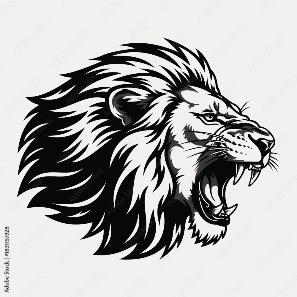 Obraz premium Fierce roaring lion head profile in black and white vector illustration, isolated on vector illustration