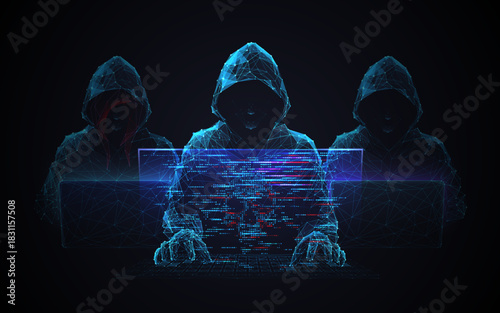 Low-poly hacker team silhouettes against dark blue backdrop. Digital fraud concept with geometric cyber criminals planning coordinated attack on network systems. Cyber security concept 