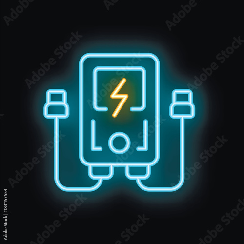 Blue neon power bank icon glowing on dark background illustrating the concept of portable energy