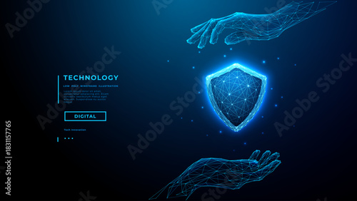 Cyber security concept. Digital shield protected by hands in cyber space. Modern 3D security icon with blue light effects for data safety and network protection technology concept.