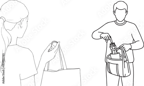 Black and White Line Art Illustration of People and Reusable Bags