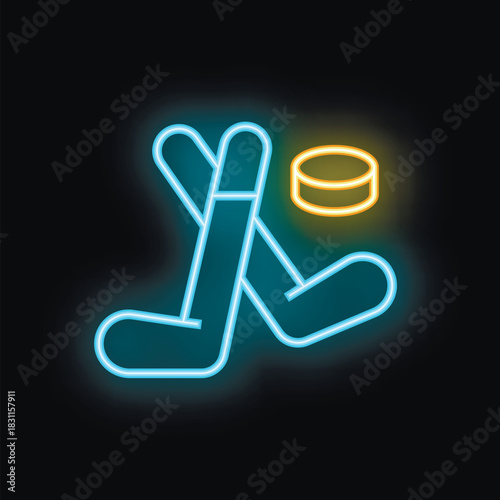 Blue neon hockey sticks passing a puck, glowing on a black background