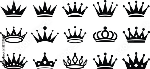 Simple black crown silhouette vector set featuring modern royal tiara designs for luxury branding, elegant decoration, and monarchy symbols