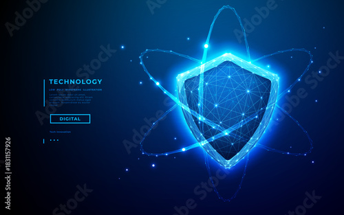 Cyber security concept. Futuristic cyber shield design with blue wireframe polygons. Advanced digital protection technology for safeguarding network data and privacy in abstract space.
