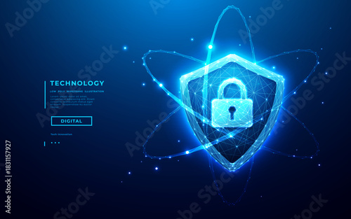 Cyber security concept. Digital shield icon with lock symbol glowing in blue light. Modern cyber protection concept for network safety, data security, and privacy defense systems.
