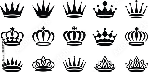 Black crown silhouette vector set featuring modern royal tiara designs, luxury monarchy symbols, and elegant decorative graphic elements