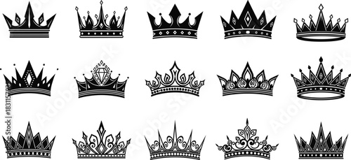 Elegant ornamental crown vector collection featuring detailed royal tiara designs for luxury branding, classic monarchy symbols, and premium decoration