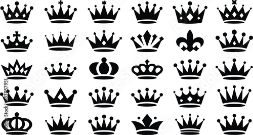Black crown silhouette vector set featuring diverse royal tiara designs for luxury branding, monarchy symbols, decoration, and elegant graphic projects