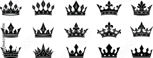 Black crown silhouette vector collection featuring elegant royal designs, luxury tiaras, and classic monarchy symbols for premium branding
