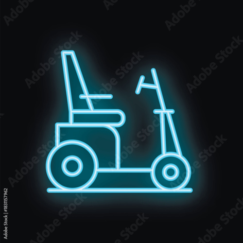Blue neon sign representing a mobility scooter on a black background, ideal for conveying concepts of disability and accessibility