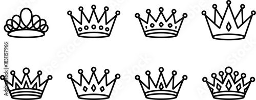 Minimalist Crown and Tiara Vector Line Art Icon Set Featuring Various Simple Regal Designs and Shapes for Royalty, Awards, and Elegant Branding.