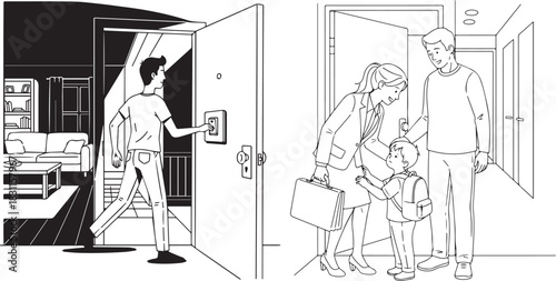 Monochrome Line Art Illustrations of Home Entry Scenes