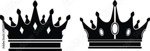 Black royal crown vector illustration set featuring elegant luxury tiara designs perfect for premium branding, royal symbols, and decoration