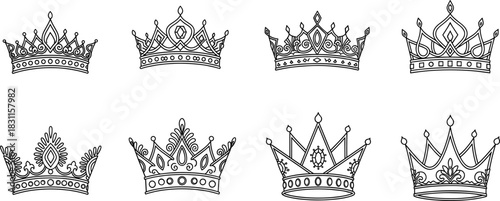 Elegant line art crown and tiara vector illustration set featuring detailed royal ornaments for luxury design and premium branding
