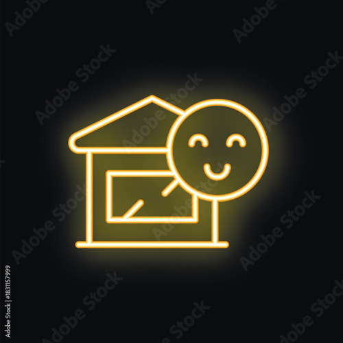 Neon yellow stay home icon with smiling face on black background