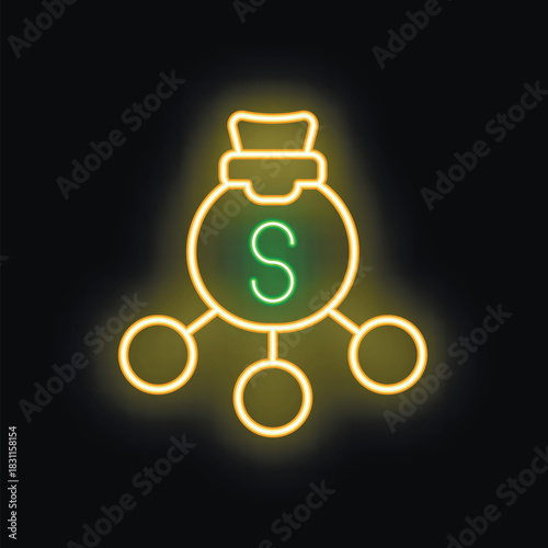 Glowing neon icon of money bag connected to three circles representing investment portfolio diversification strategy