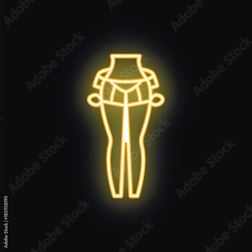 Yellow glowing neon sign representing the lower body of a woman wearing lingerie, on a black background